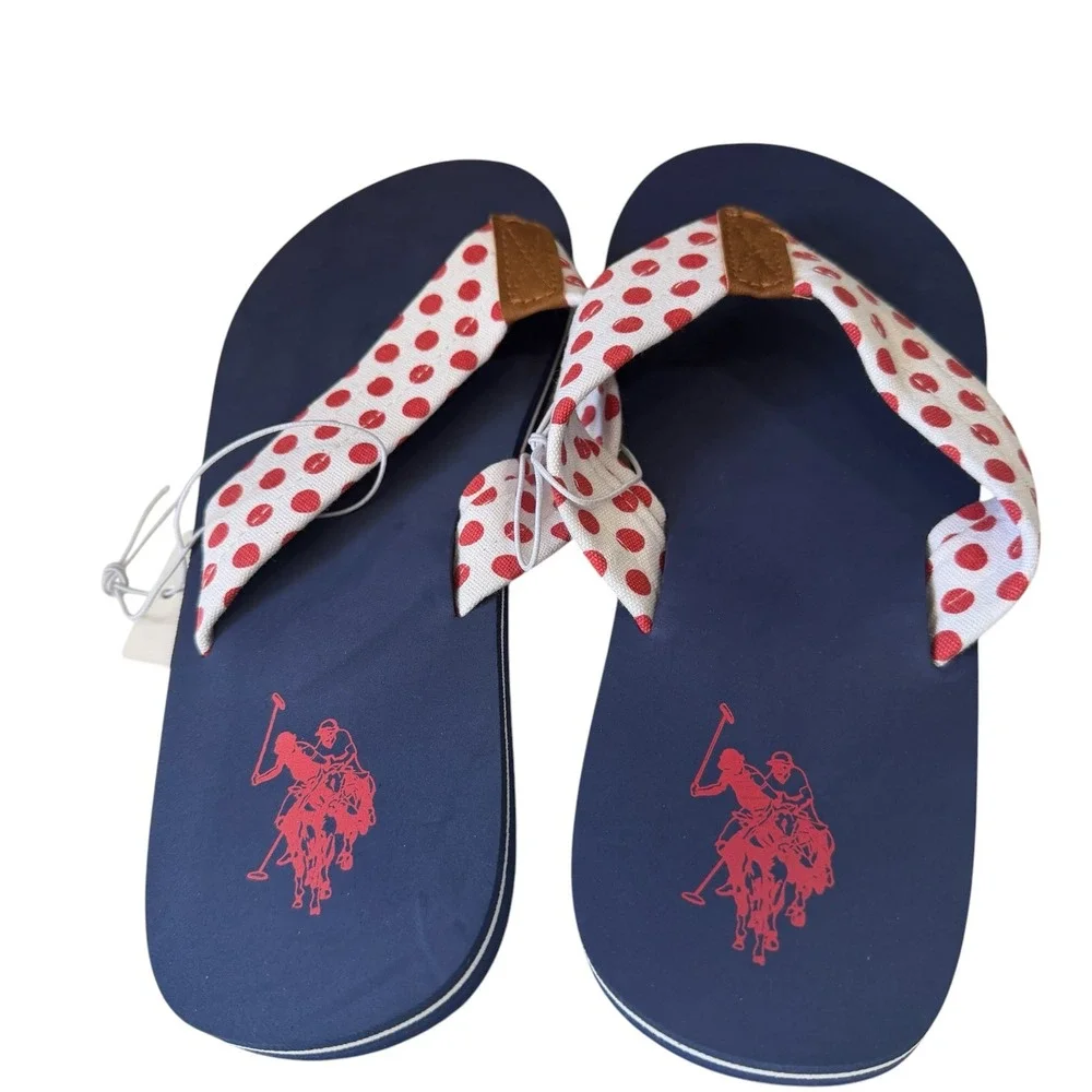 U.S. Polo Assn Womens Flip Flops 9-10 Navy Red Polka Dot Thong Sandals NWT NEW